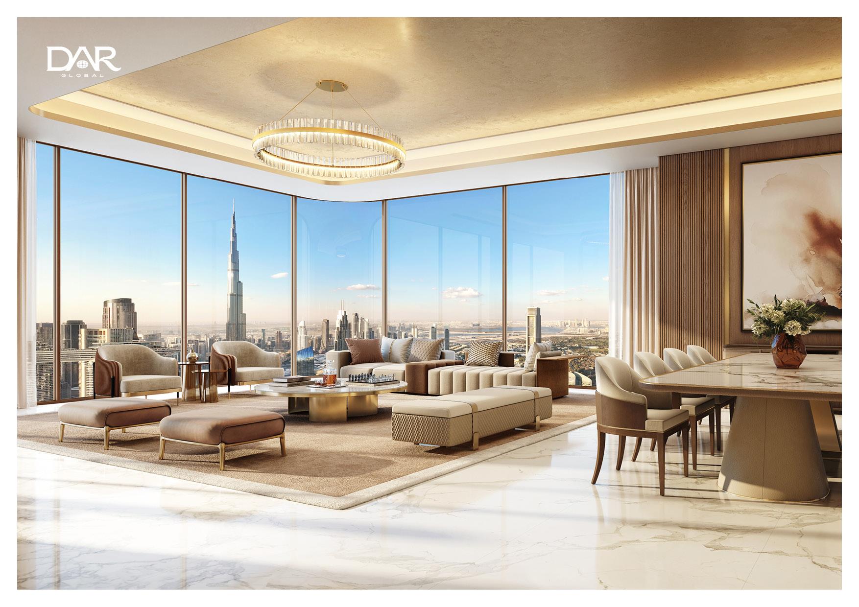 Luxury apartment interior with Burj Khalifa view